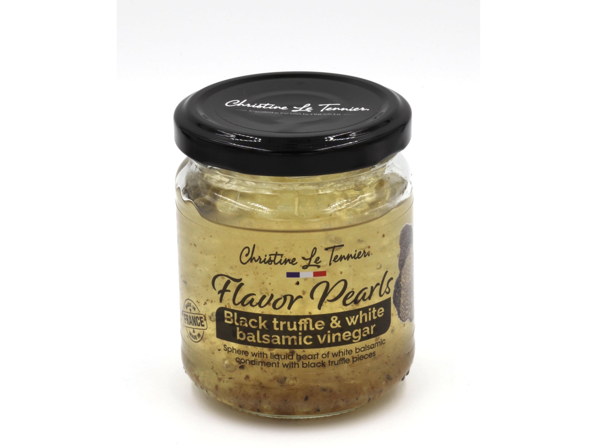 christine le tennier flavored pearls, 7oz jar, france black truffle and white balsamic vinegar